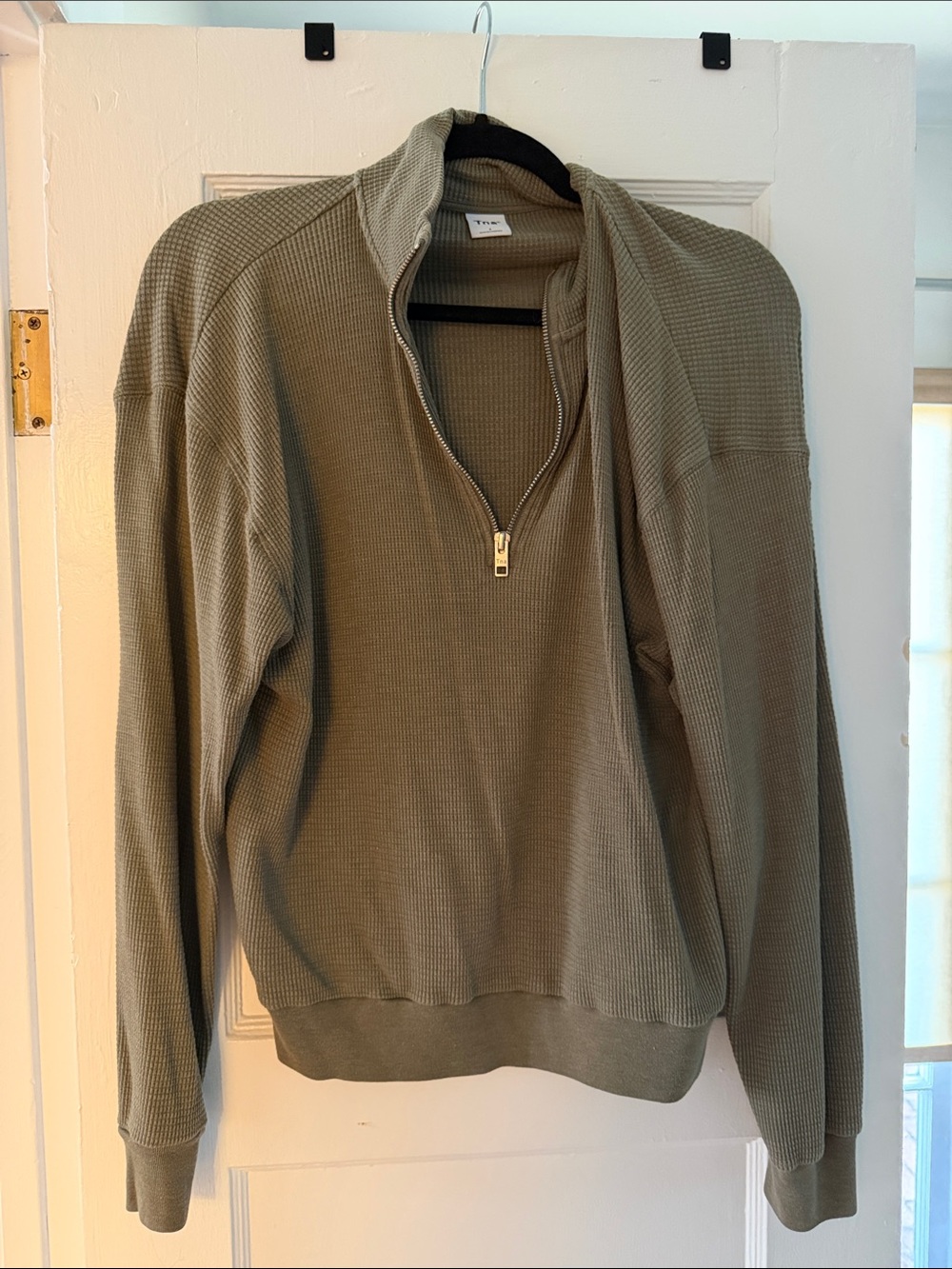 TNA Olive Waffle-Knit Half-Zip Pullover